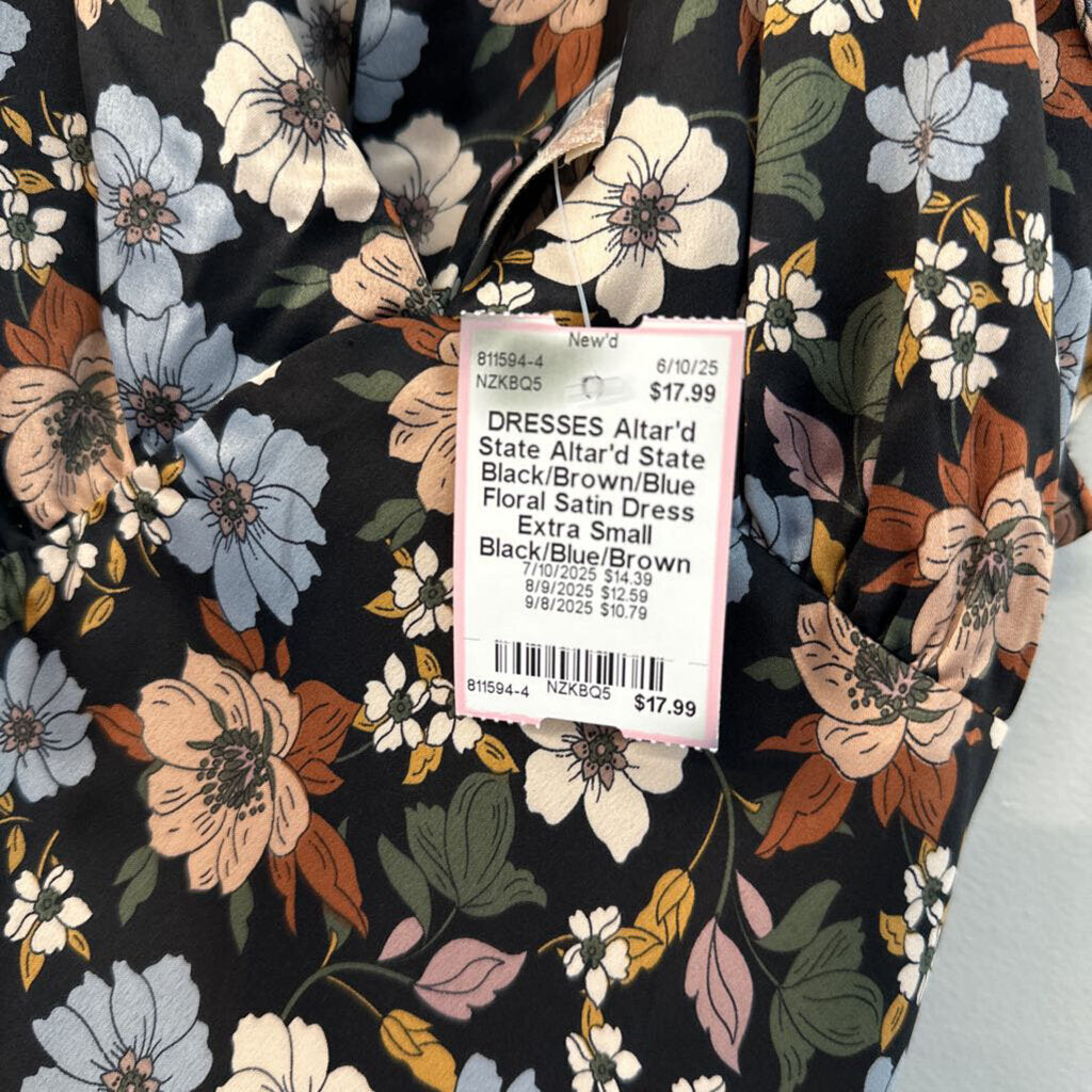 Altar'd State Black/Brown/Blue Floral Satin Dress Extra Small
