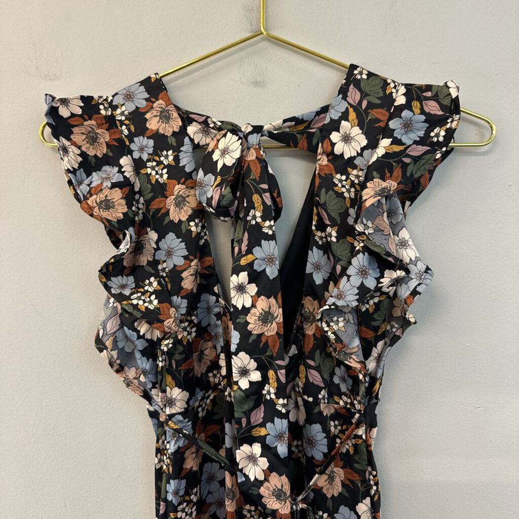 Altar'd State Black/Brown/Blue Floral Satin Dress Extra Small