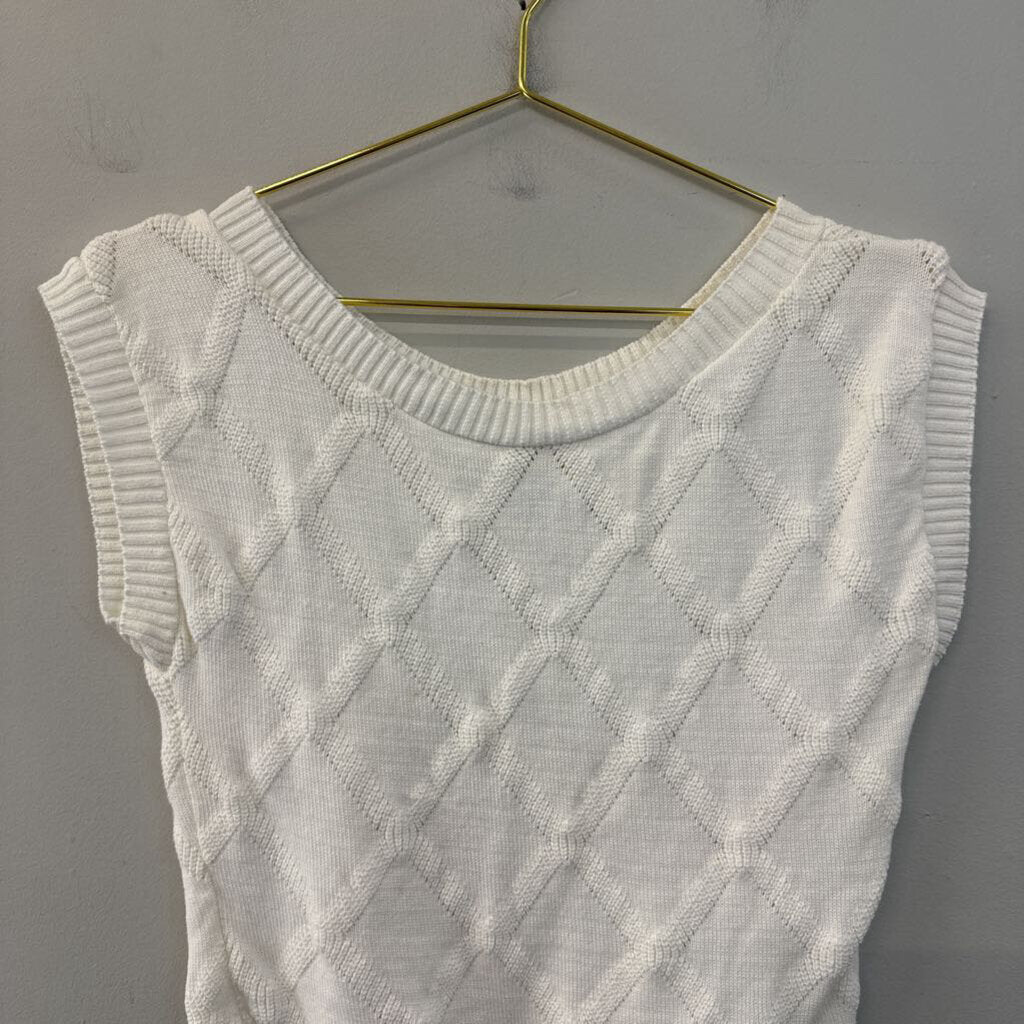 Vintage Cream Knit Diamond Print Sweater Tank Top Small