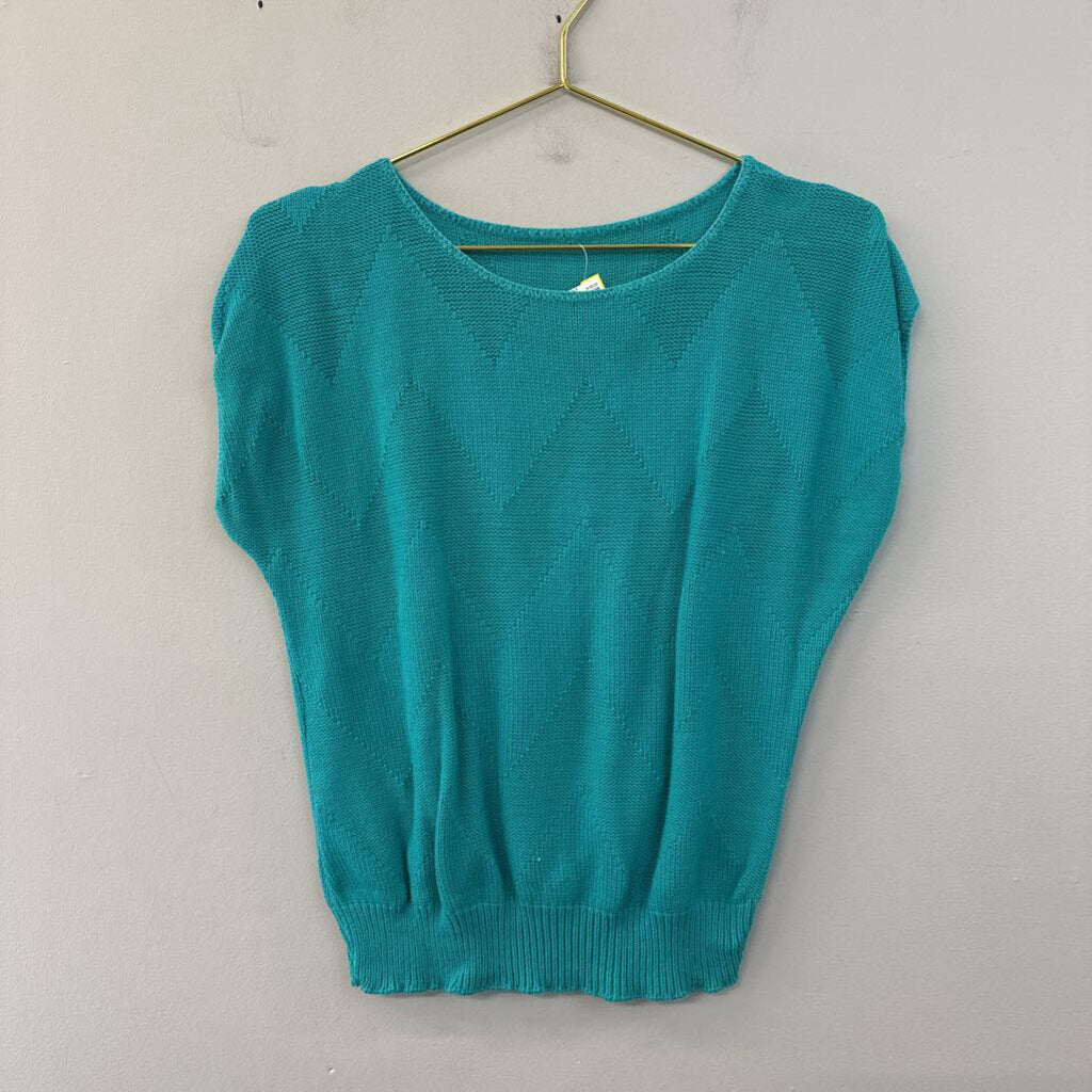 Vintage Teal Chevron Short Sleeve Sweater Top Small