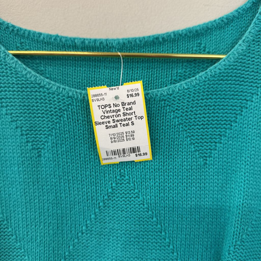 Vintage Teal Chevron Short Sleeve Sweater Top Small