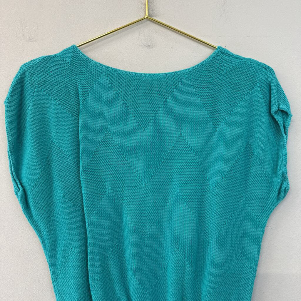 Vintage Teal Chevron Short Sleeve Sweater Top Small