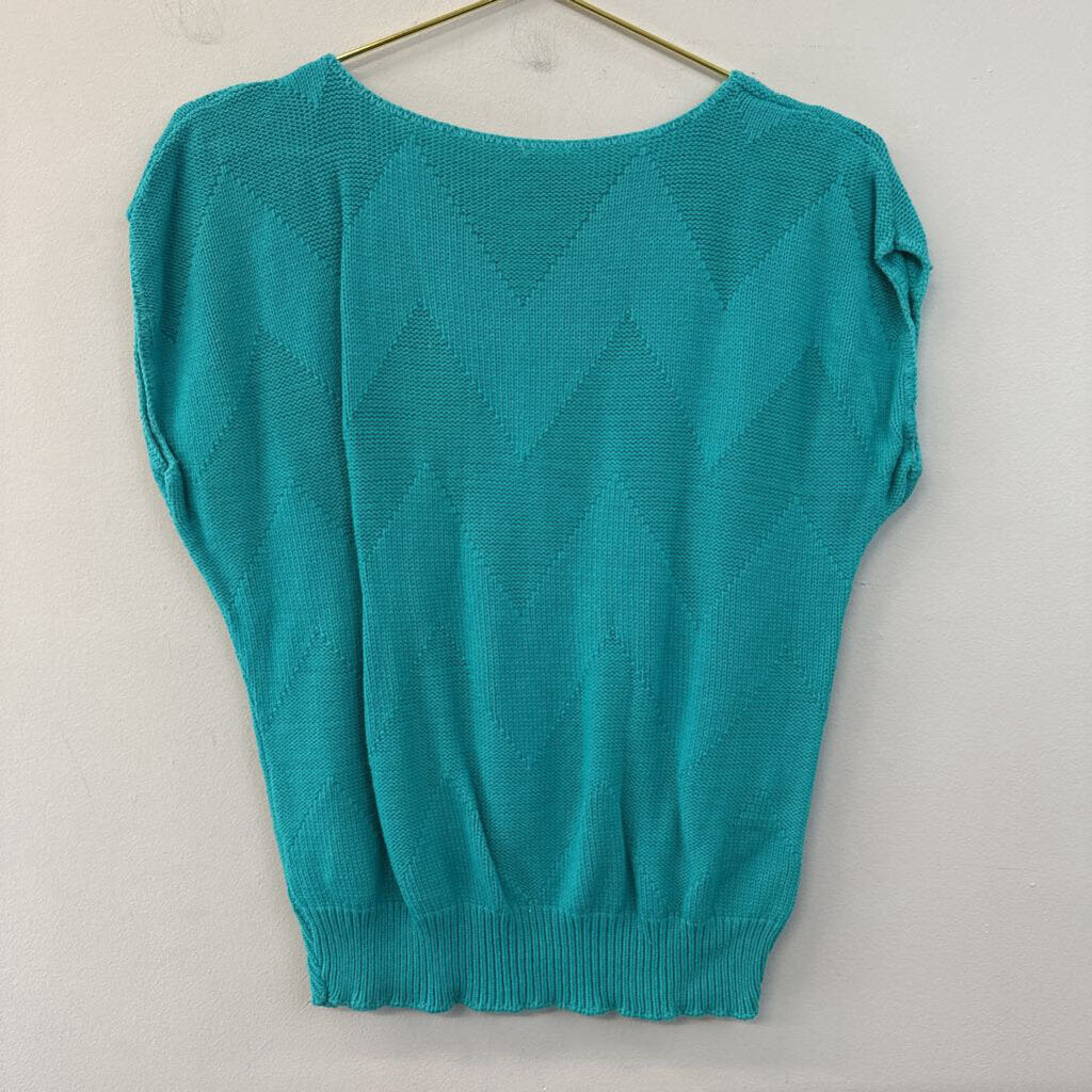 Vintage Teal Chevron Short Sleeve Sweater Top Small
