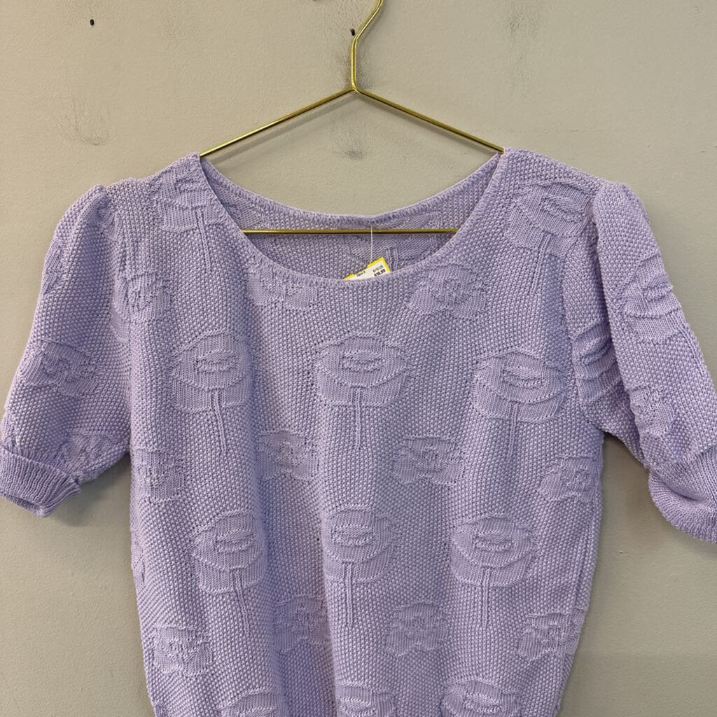 Vintage Purple Knit Flower Print Short Sleeve Sweater Top Small