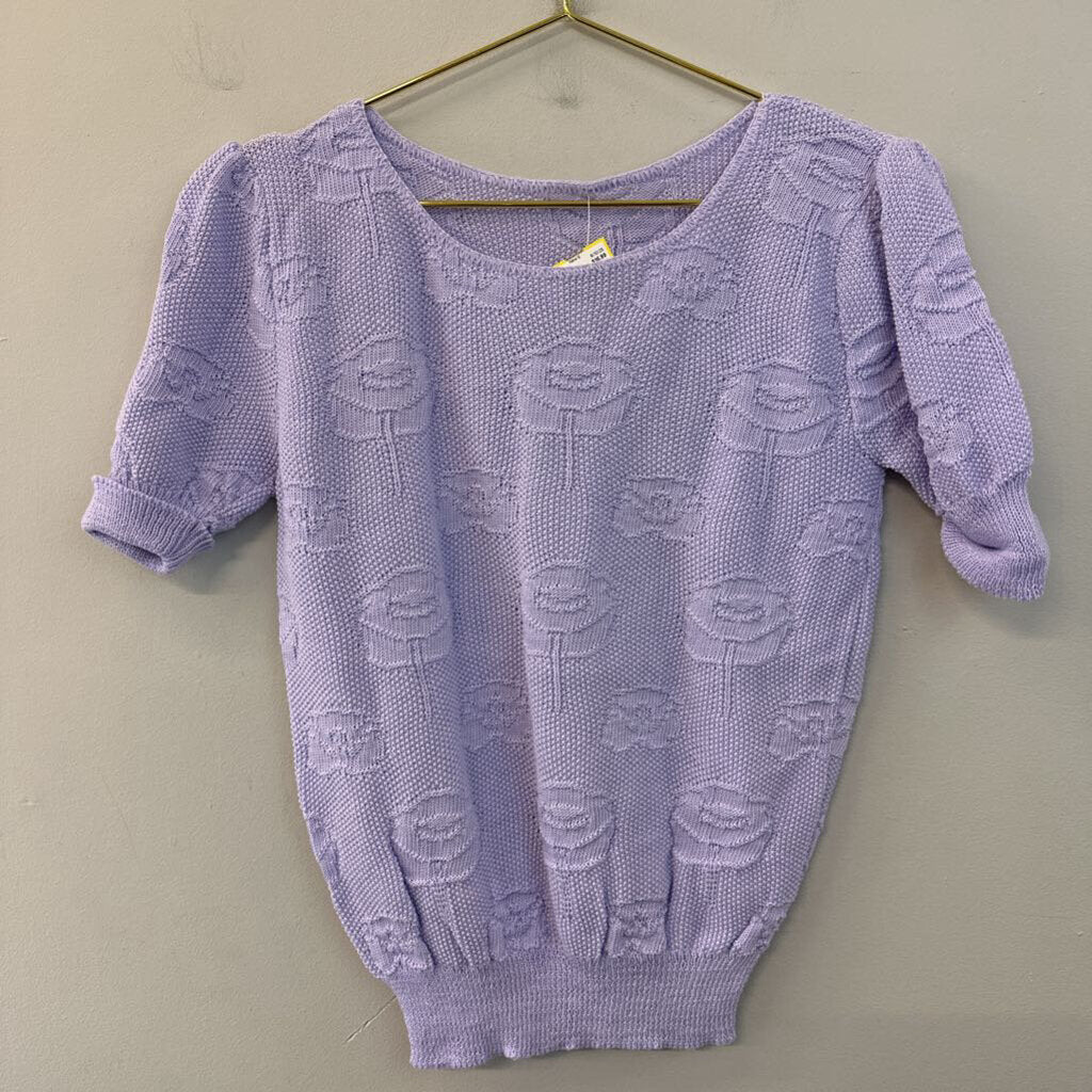 Vintage Purple Knit Flower Print Short Sleeve Sweater Top Small