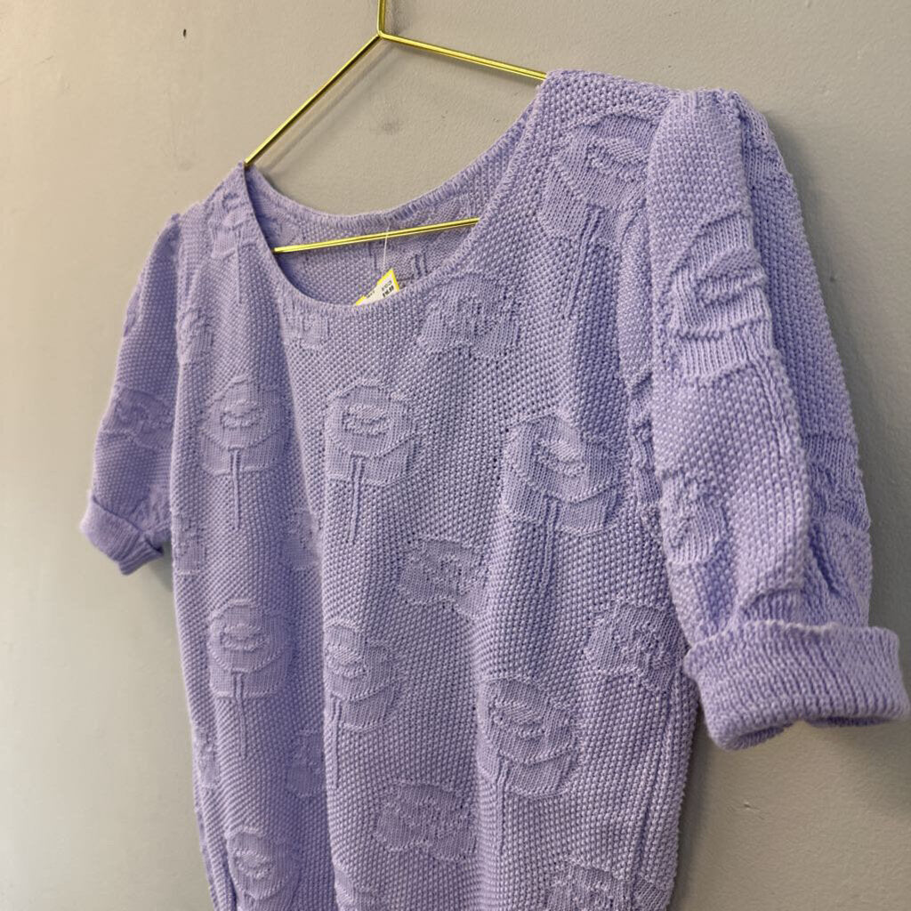 Vintage Purple Knit Flower Print Short Sleeve Sweater Top Small