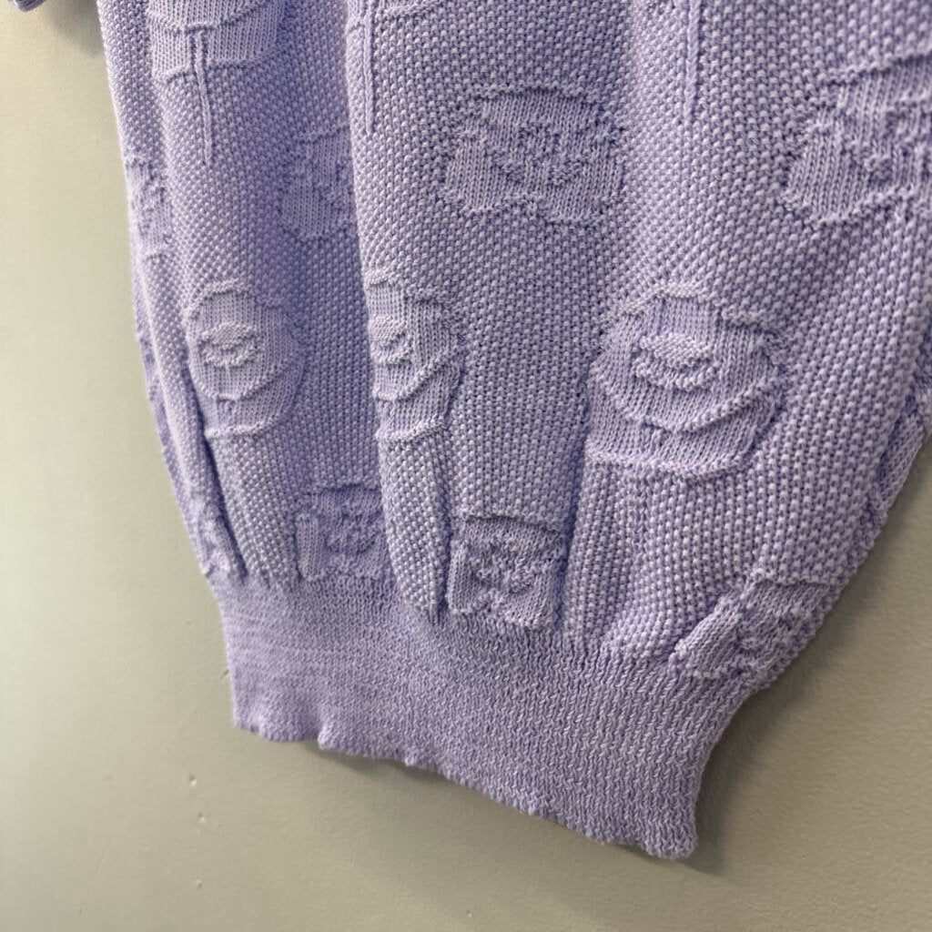 Vintage Purple Knit Flower Print Short Sleeve Sweater Top Small