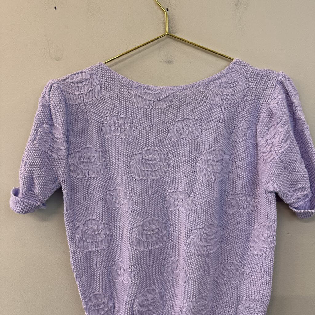 Vintage Purple Knit Flower Print Short Sleeve Sweater Top Small