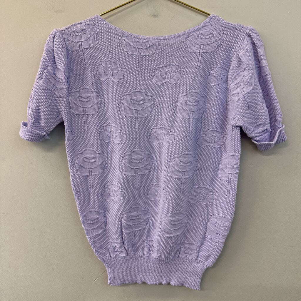 Vintage Purple Knit Flower Print Short Sleeve Sweater Top Small