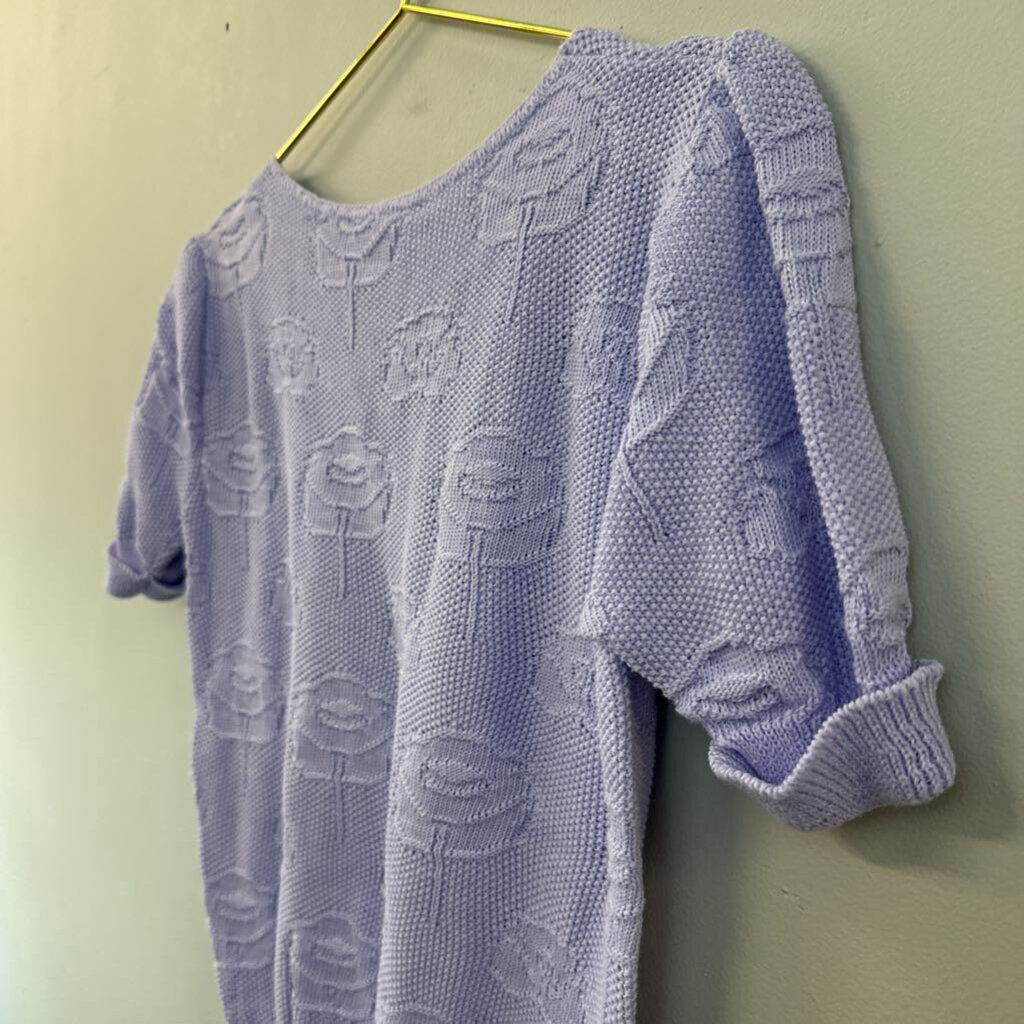 Vintage Purple Knit Flower Print Short Sleeve Sweater Top Small