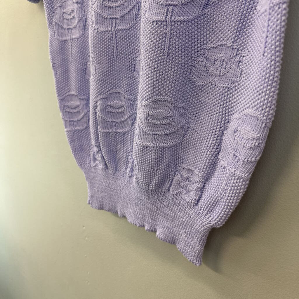 Vintage Purple Knit Flower Print Short Sleeve Sweater Top Small