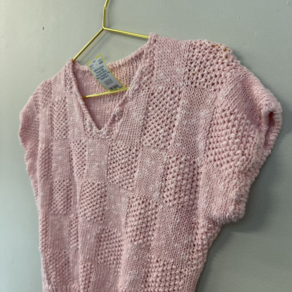 Vintage Pink Checkered Short Sleeve Sweater Top Small