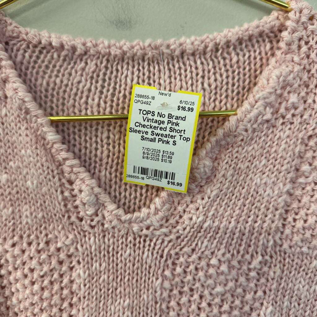 Vintage Pink Checkered Short Sleeve Sweater Top Small