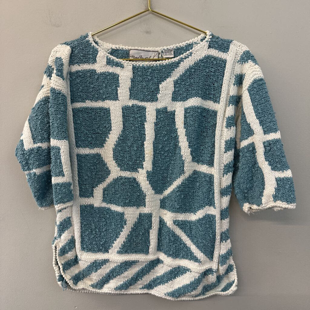 Vintage Needle Works Blue/ White Print Short Sleeve Sweater Top Medium