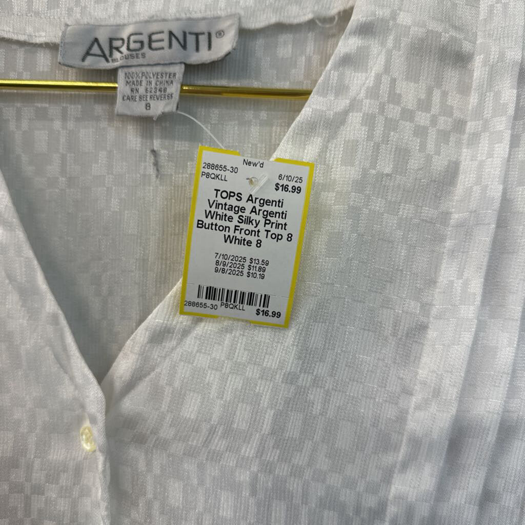 Vintage Argenti White Silky Print Button Front Top 8