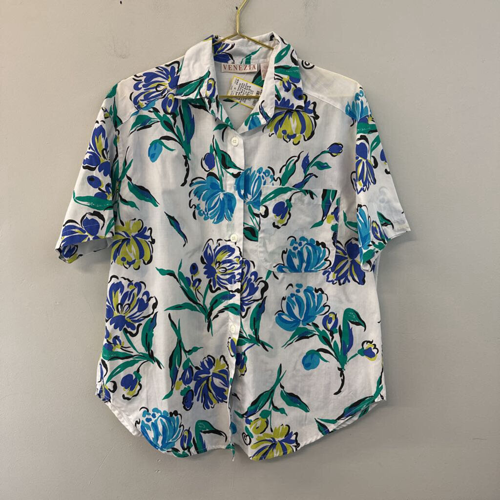 Vintage Venezia White/ Blue Print Short Sleeve Button Down Top 14/16