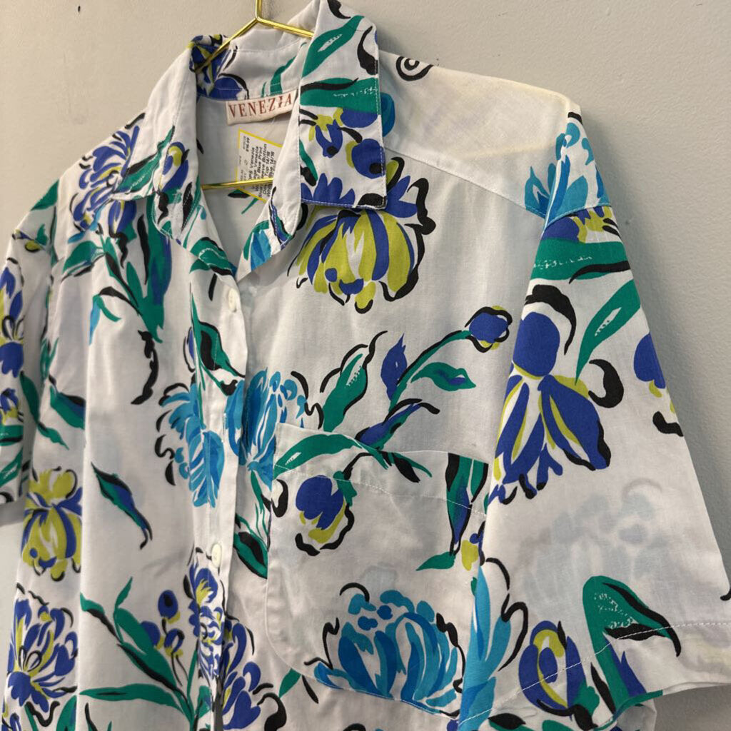Vintage Venezia White/ Blue Print Short Sleeve Button Down Top 14/16