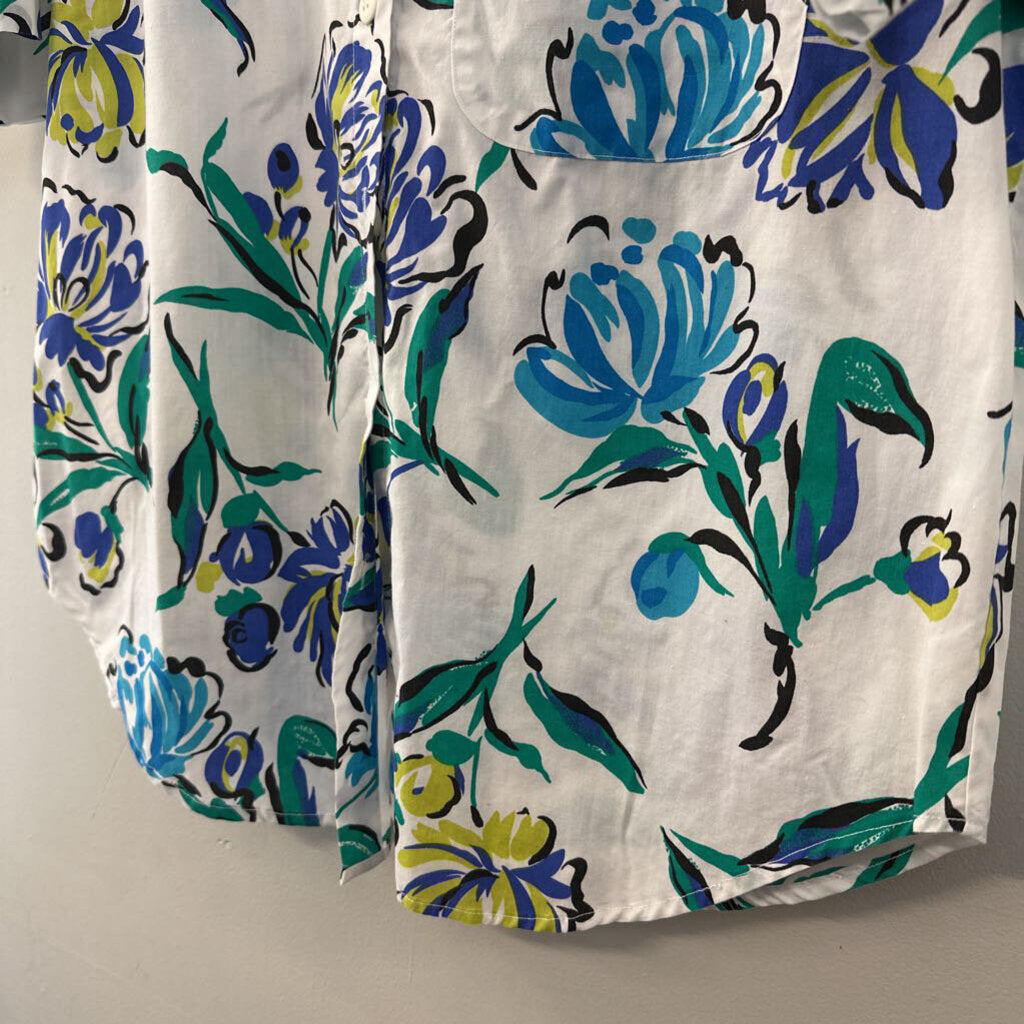 Vintage Venezia White/ Blue Print Short Sleeve Button Down Top 14/16