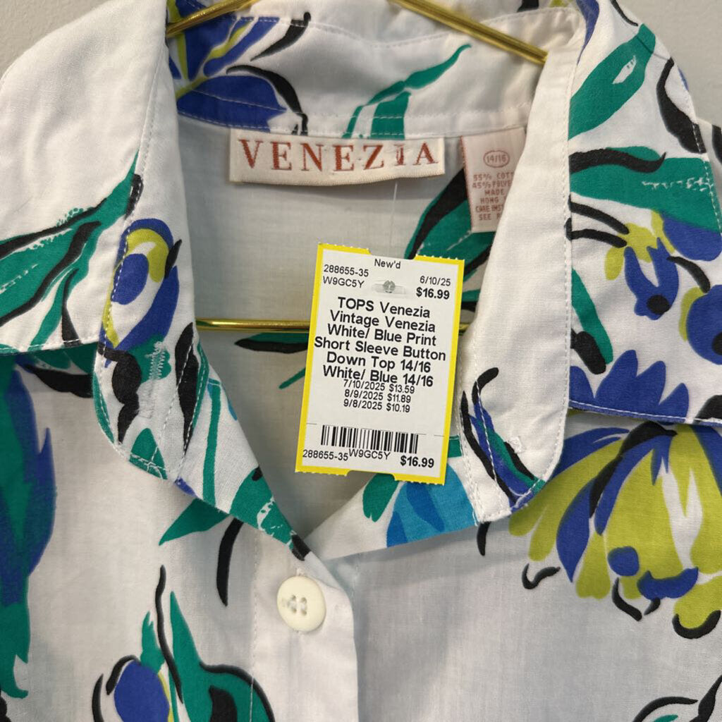 Vintage Venezia White/ Blue Print Short Sleeve Button Down Top 14/16
