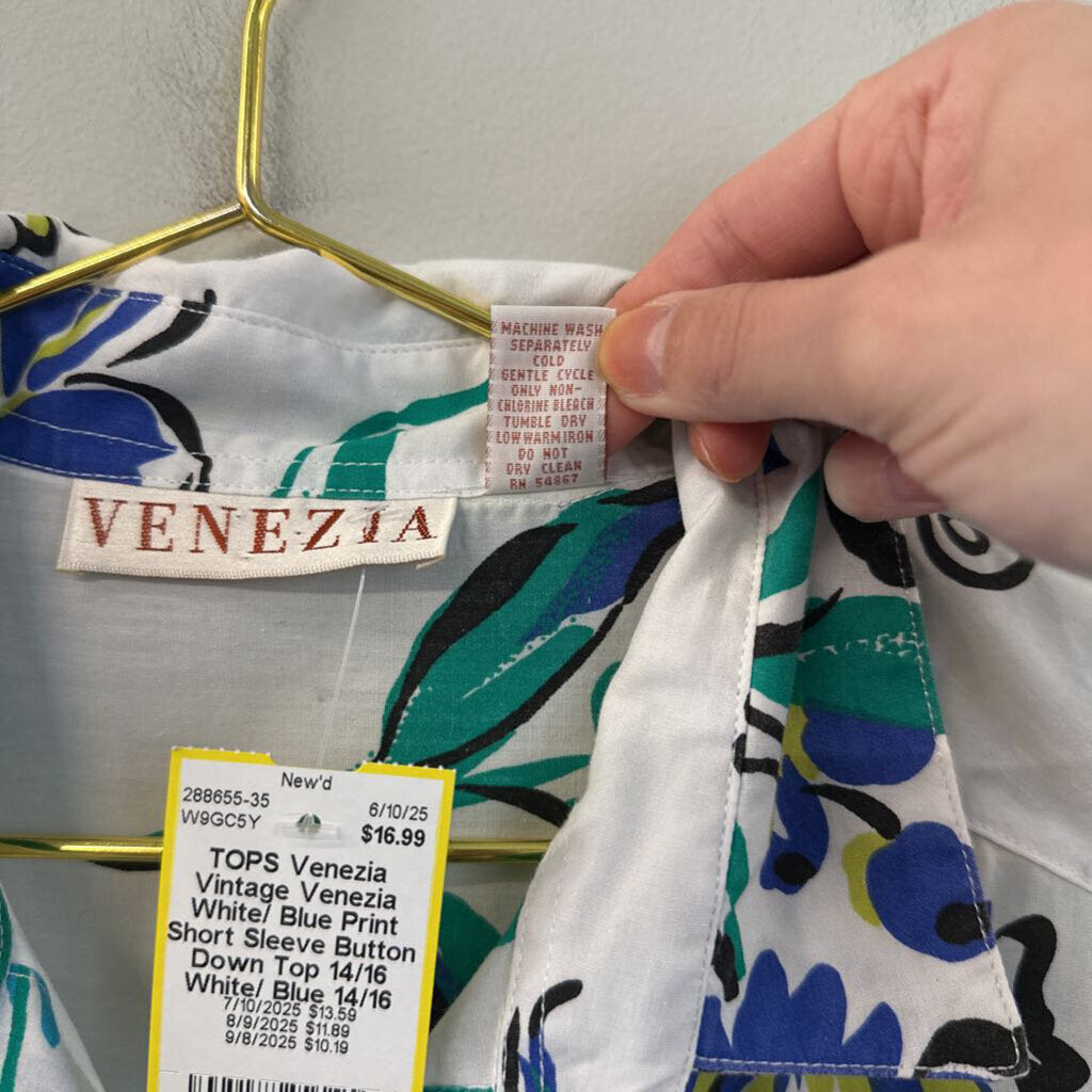 Vintage Venezia White/ Blue Print Short Sleeve Button Down Top 14/16