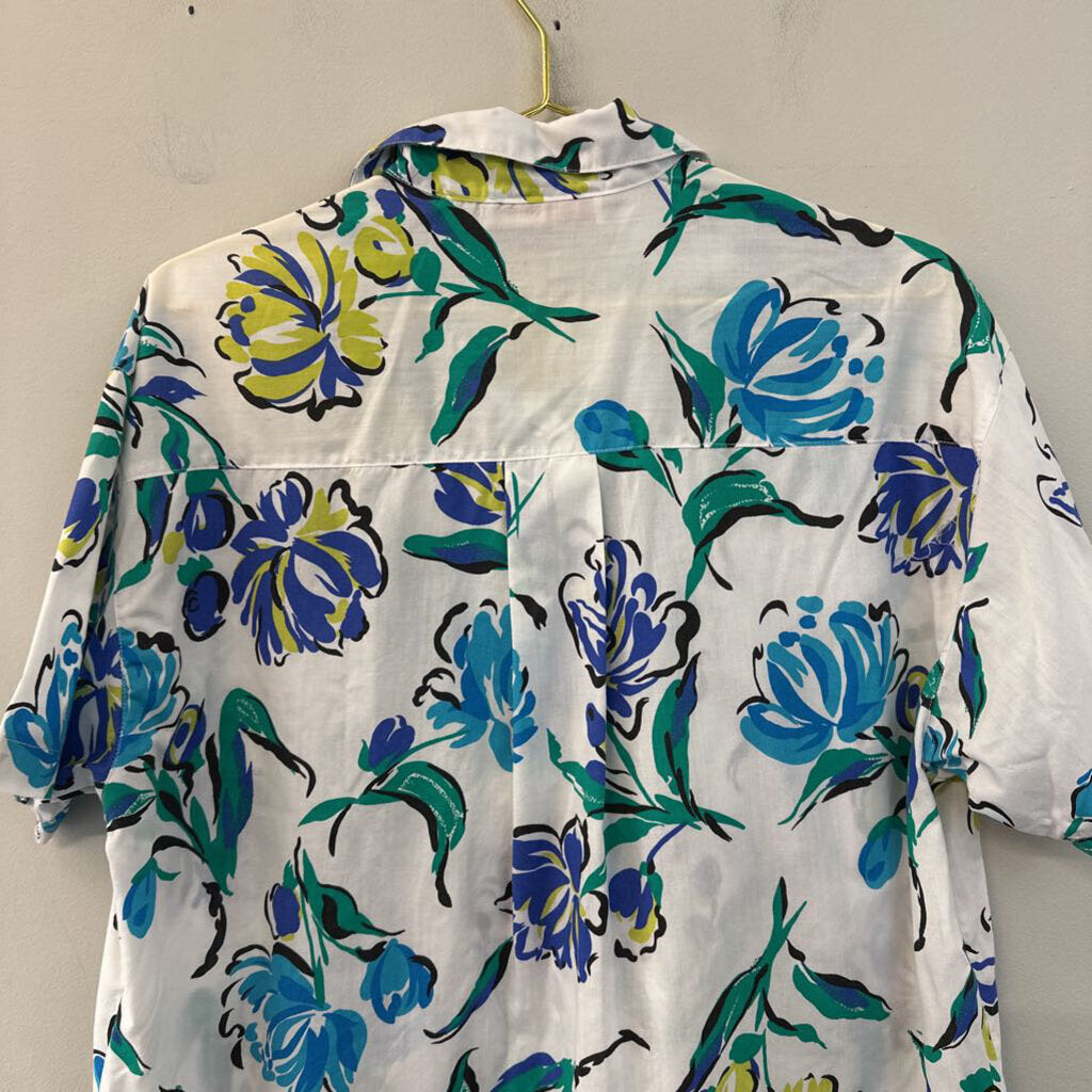 Vintage Venezia White/ Blue Print Short Sleeve Button Down Top 14/16