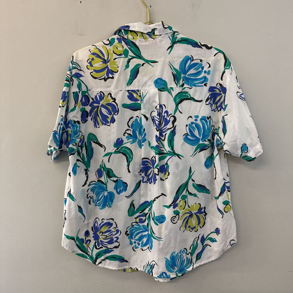 Vintage Venezia White/ Blue Print Short Sleeve Button Down Top 14/16