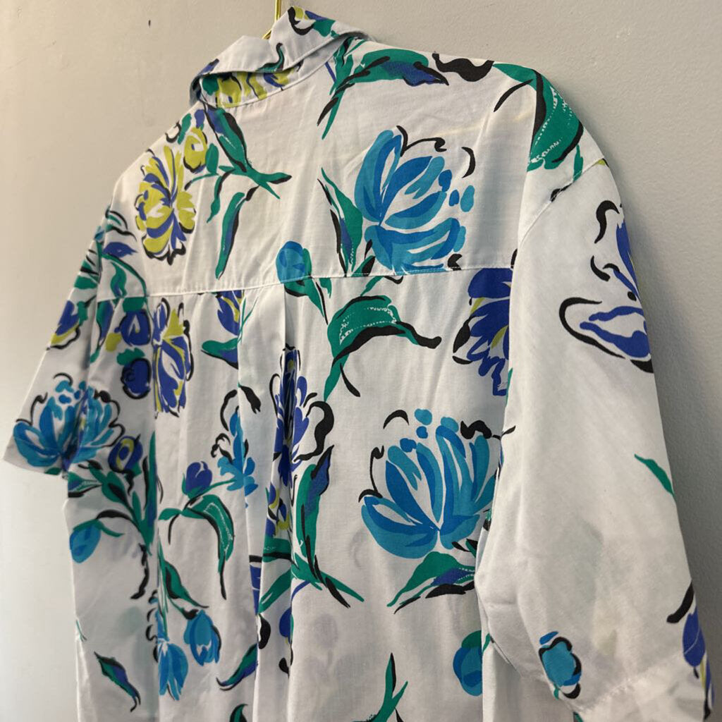 Vintage Venezia White/ Blue Print Short Sleeve Button Down Top 14/16