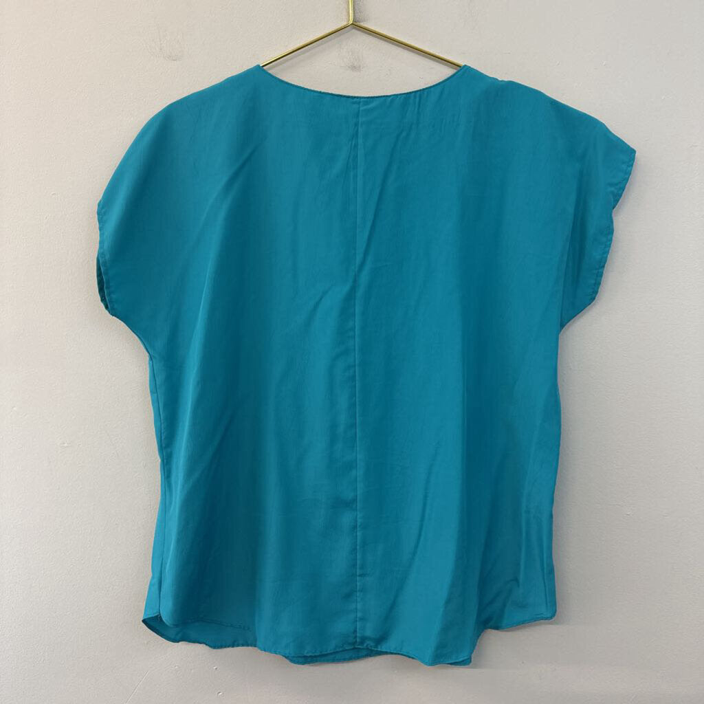 Vintage Teal Silky Short Sleeve Top Large