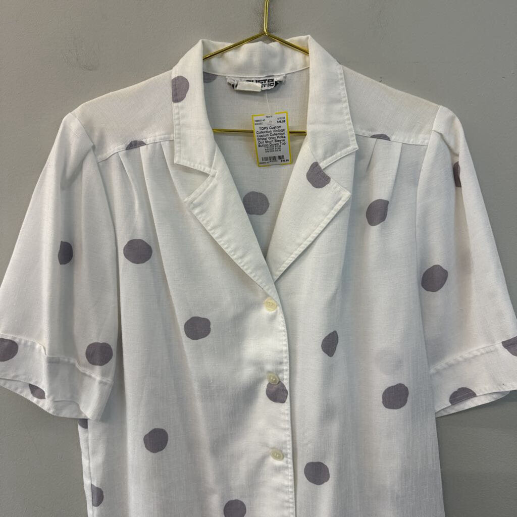 Vintage Custom Collection White/ Grey Polka Dot Short Sleeve Button Down Top Medium