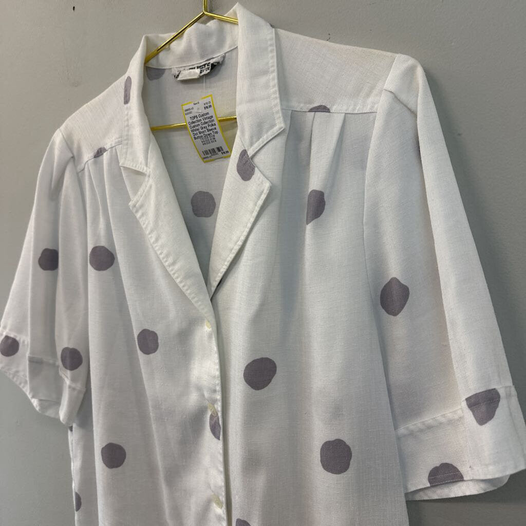 Vintage Custom Collection White/ Grey Polka Dot Short Sleeve Button Down Top Medium