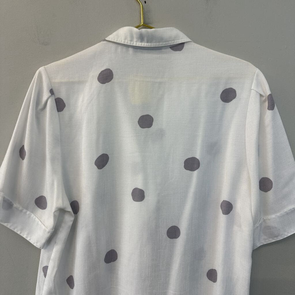 Vintage Custom Collection White/ Grey Polka Dot Short Sleeve Button Down Top Medium