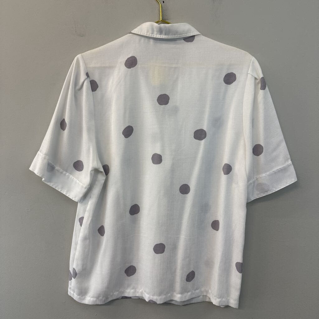 Vintage Custom Collection White/ Grey Polka Dot Short Sleeve Button Down Top Medium