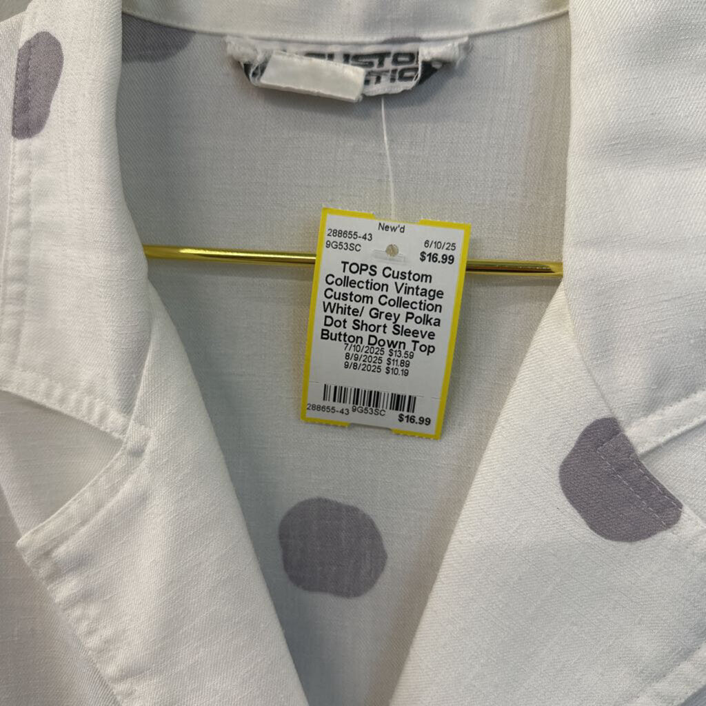 Vintage Custom Collection White/ Grey Polka Dot Short Sleeve Button Down Top Medium
