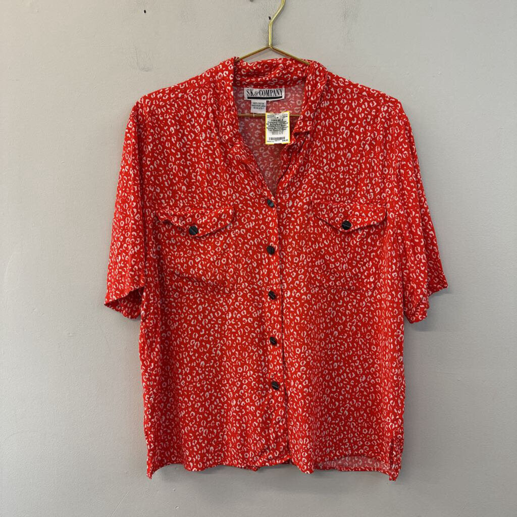 Vintage SK & Company Red/ White Print Short Sleeve Button Down Top Medium