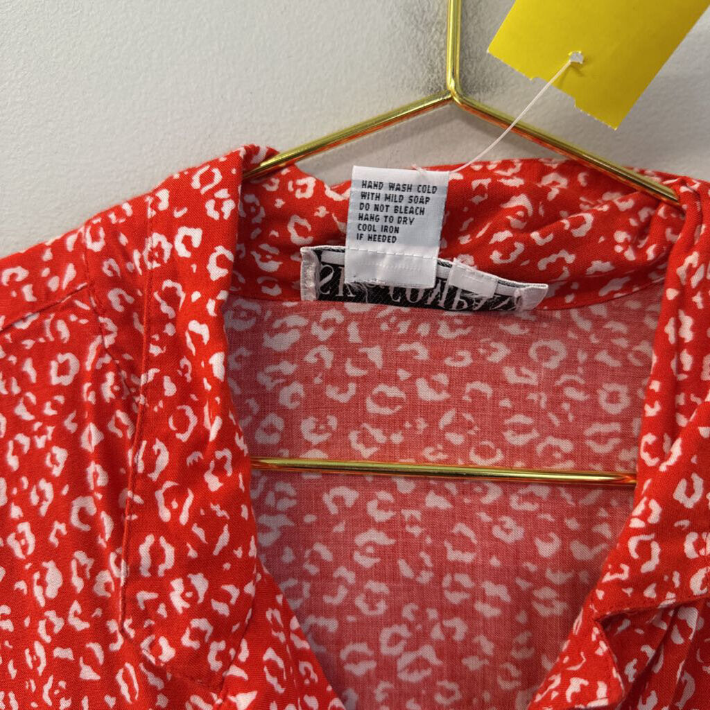 Vintage SK & Company Red/ White Print Short Sleeve Button Down Top Medium