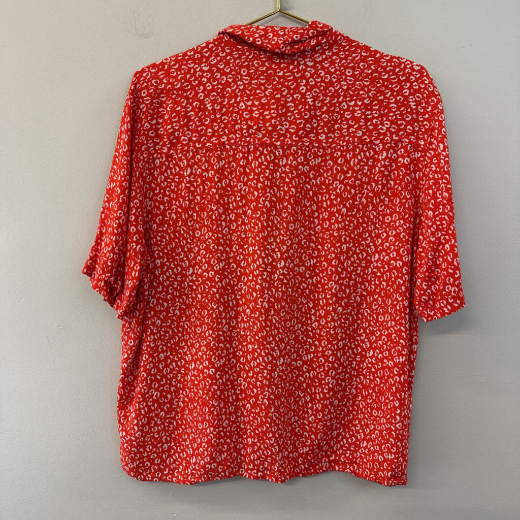 Vintage SK & Company Red/ White Print Short Sleeve Button Down Top Medium