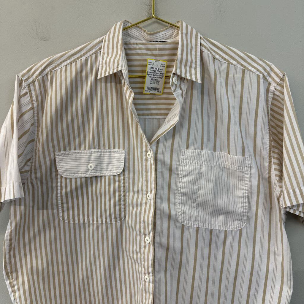 Vintage White/ Brown Striped Short Sleeve Button Down Top Large