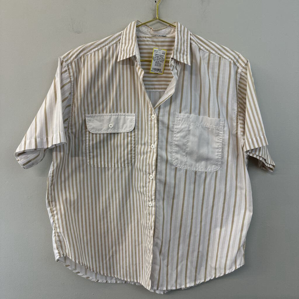 Vintage White/ Brown Striped Short Sleeve Button Down Top Large