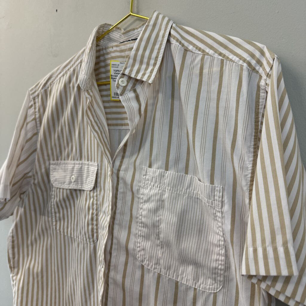 Vintage White/ Brown Striped Short Sleeve Button Down Top Large