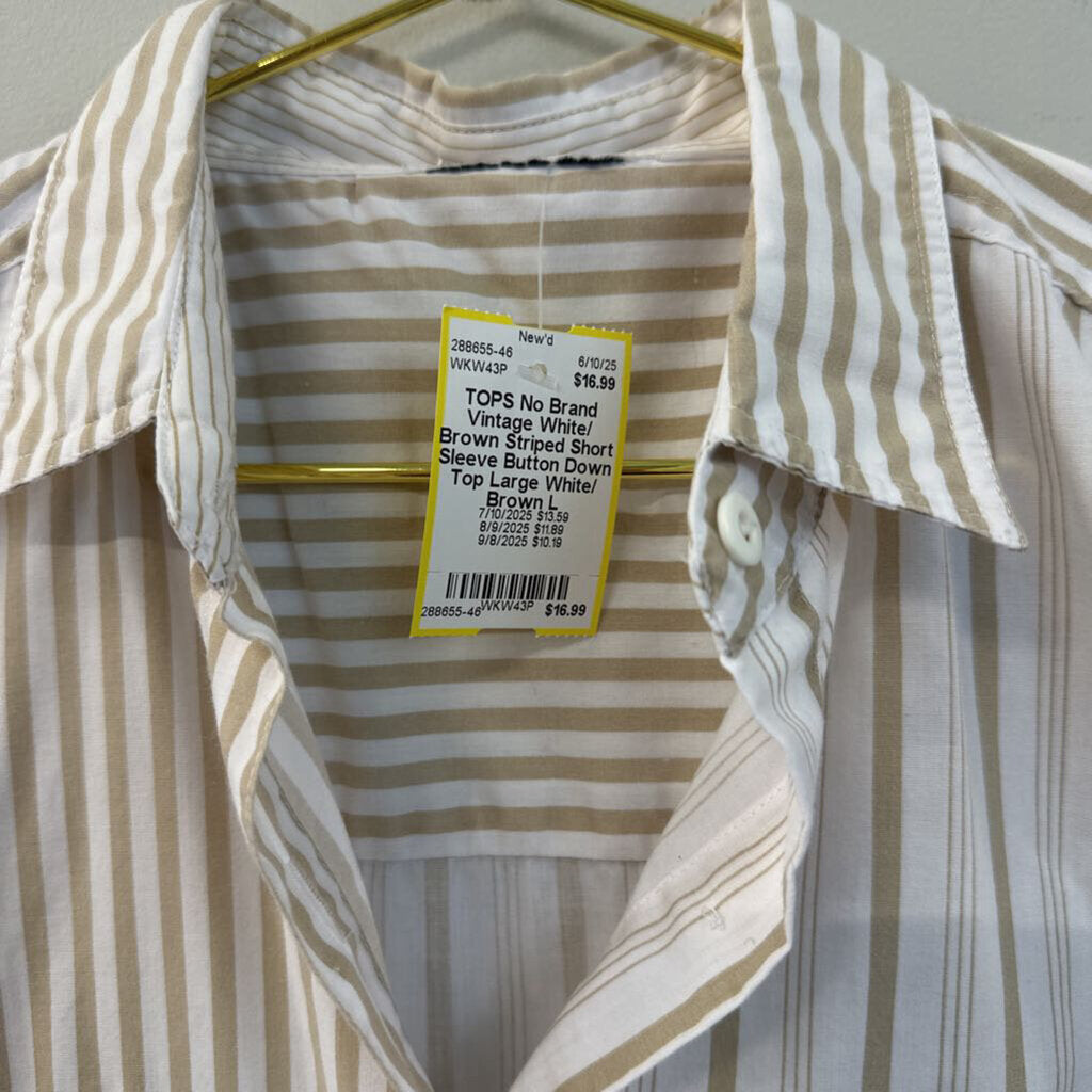 Vintage White/ Brown Striped Short Sleeve Button Down Top Large