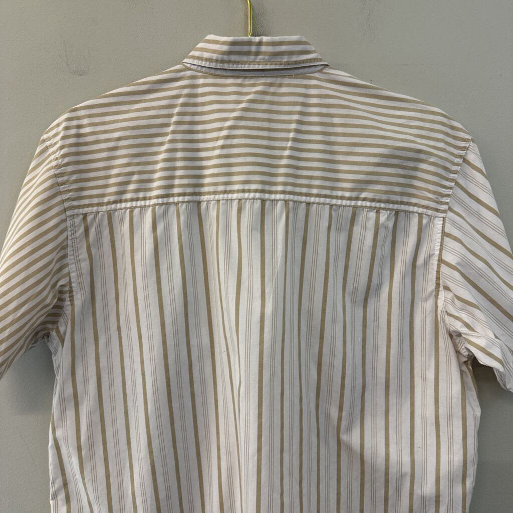 Vintage White/ Brown Striped Short Sleeve Button Down Top Large