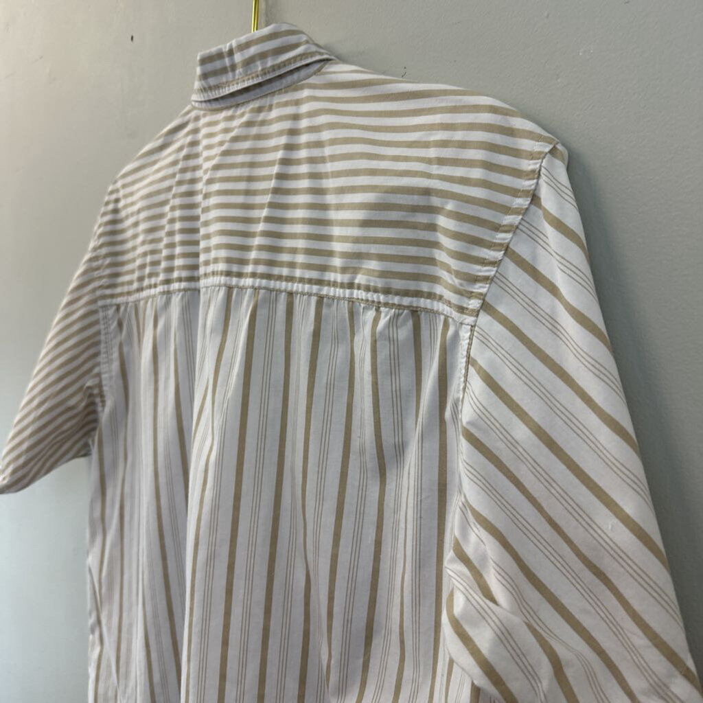 Vintage White/ Brown Striped Short Sleeve Button Down Top Large