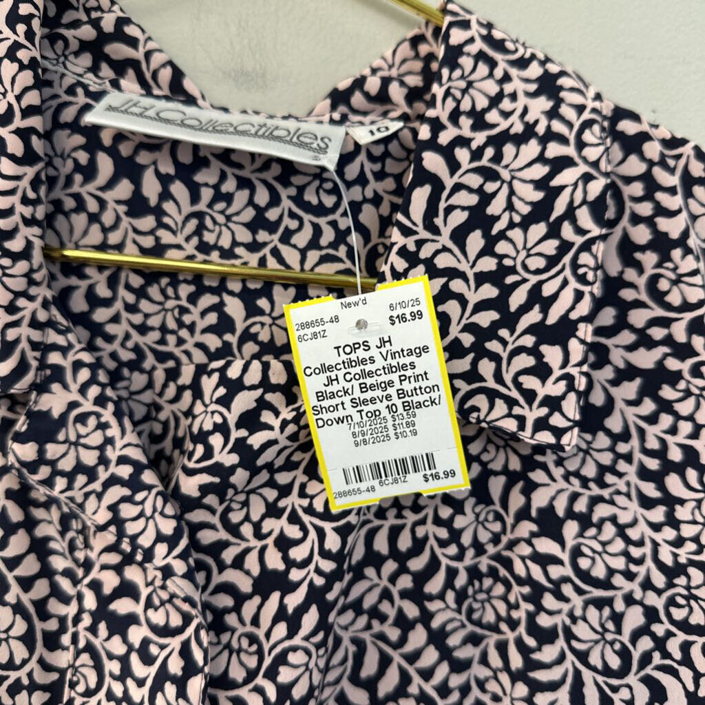 Vintage JH Collectibles Black/ Beige Print Short Sleeve Button Down Top 10