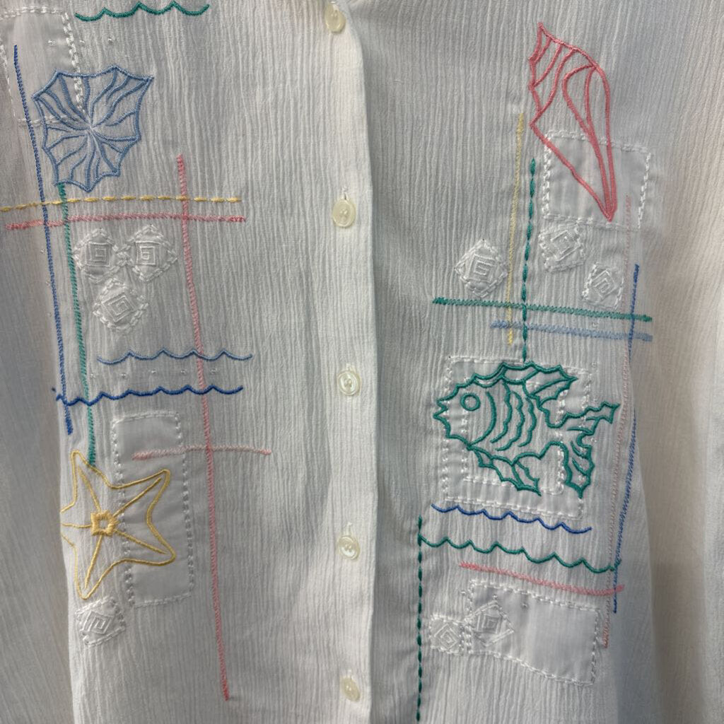 Vintage Koret White/ Multi Beach Embroidered Short Sleeve Button Down Top Large