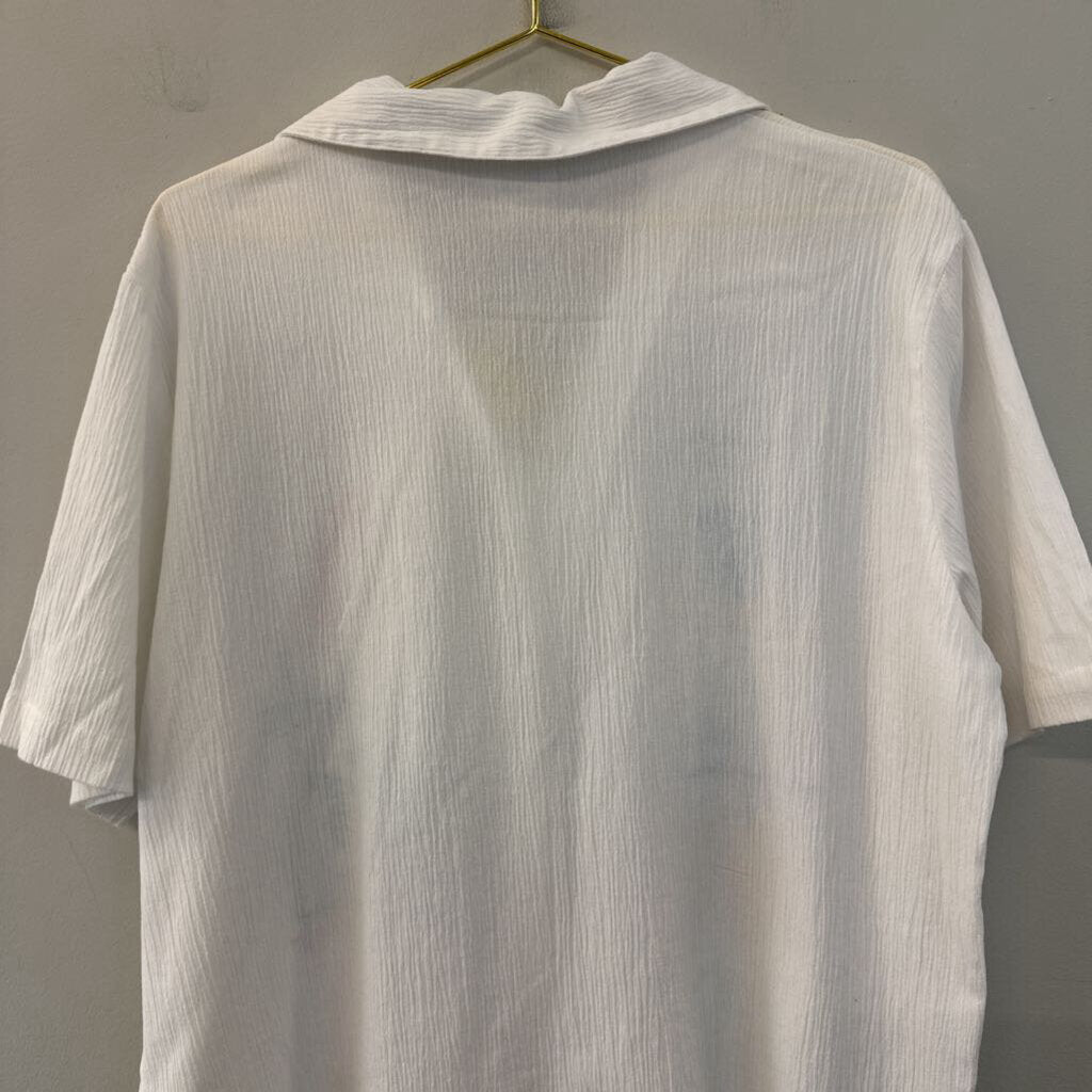 Vintage Koret White/ Multi Beach Embroidered Short Sleeve Button Down Top Large