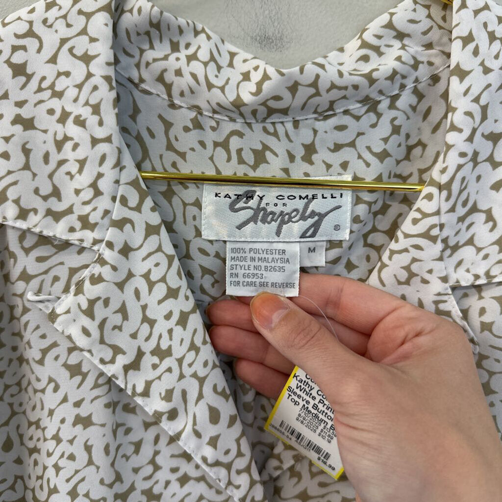 Vintage Kathy Comelli Beige/ White Print Short Sleeve Button Down Top Medium