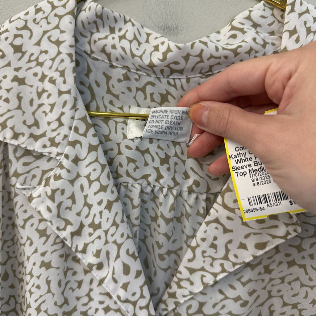 Vintage Kathy Comelli Beige/ White Print Short Sleeve Button Down Top Medium