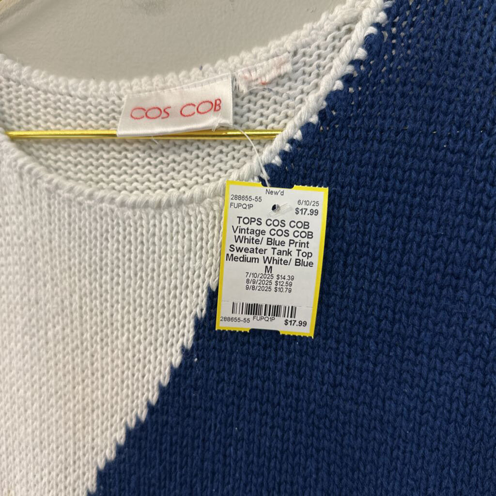 Vintage COS COB White/ Blue Print Sweater Tank Top Medium