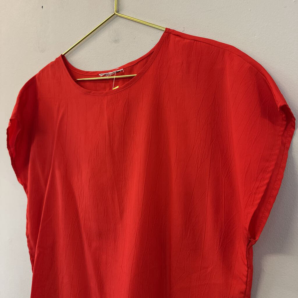 Vintage Red Silky Short Sleeve Top Medium