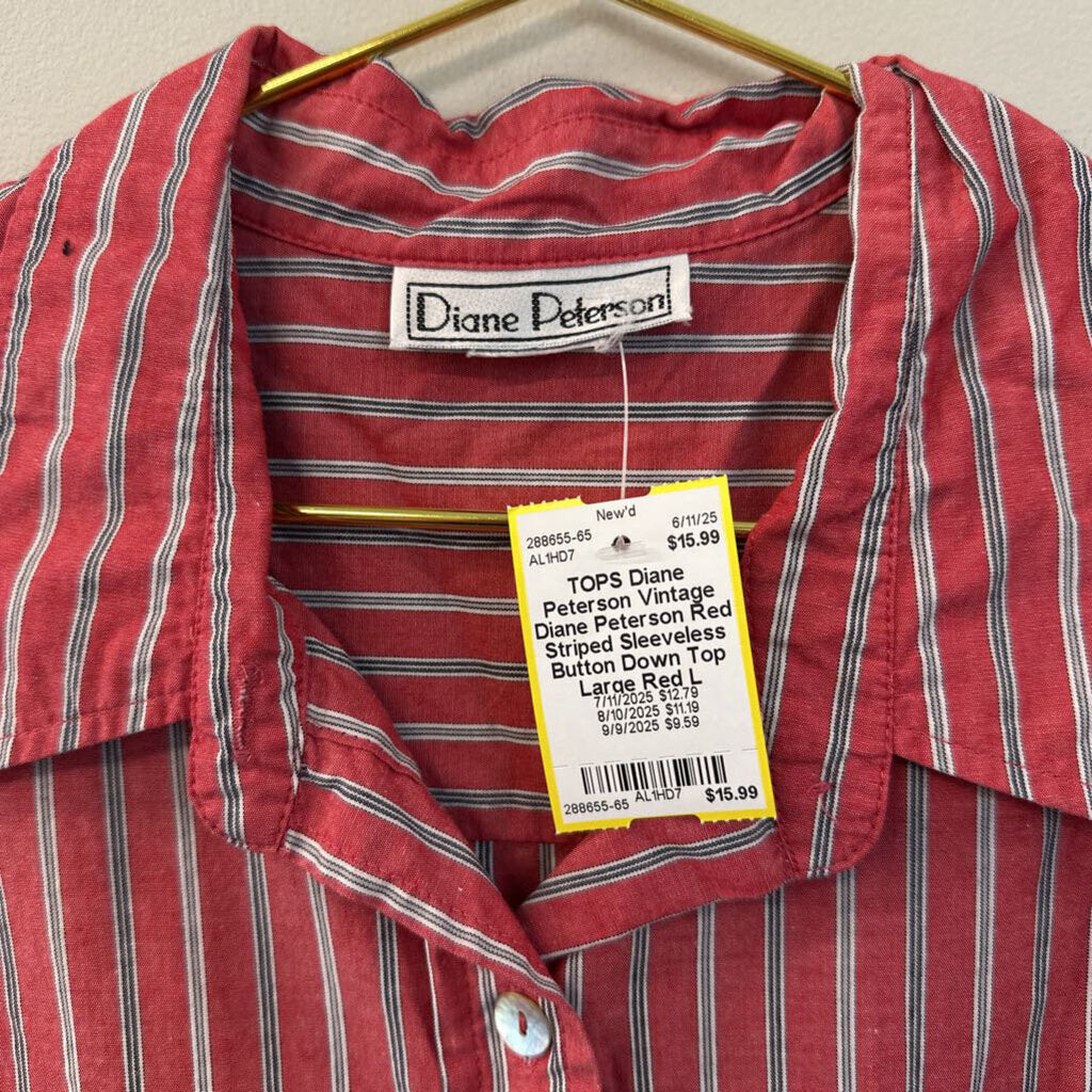 Vintage Diane Peterson Red Striped Sleeveless Button Down Top Large